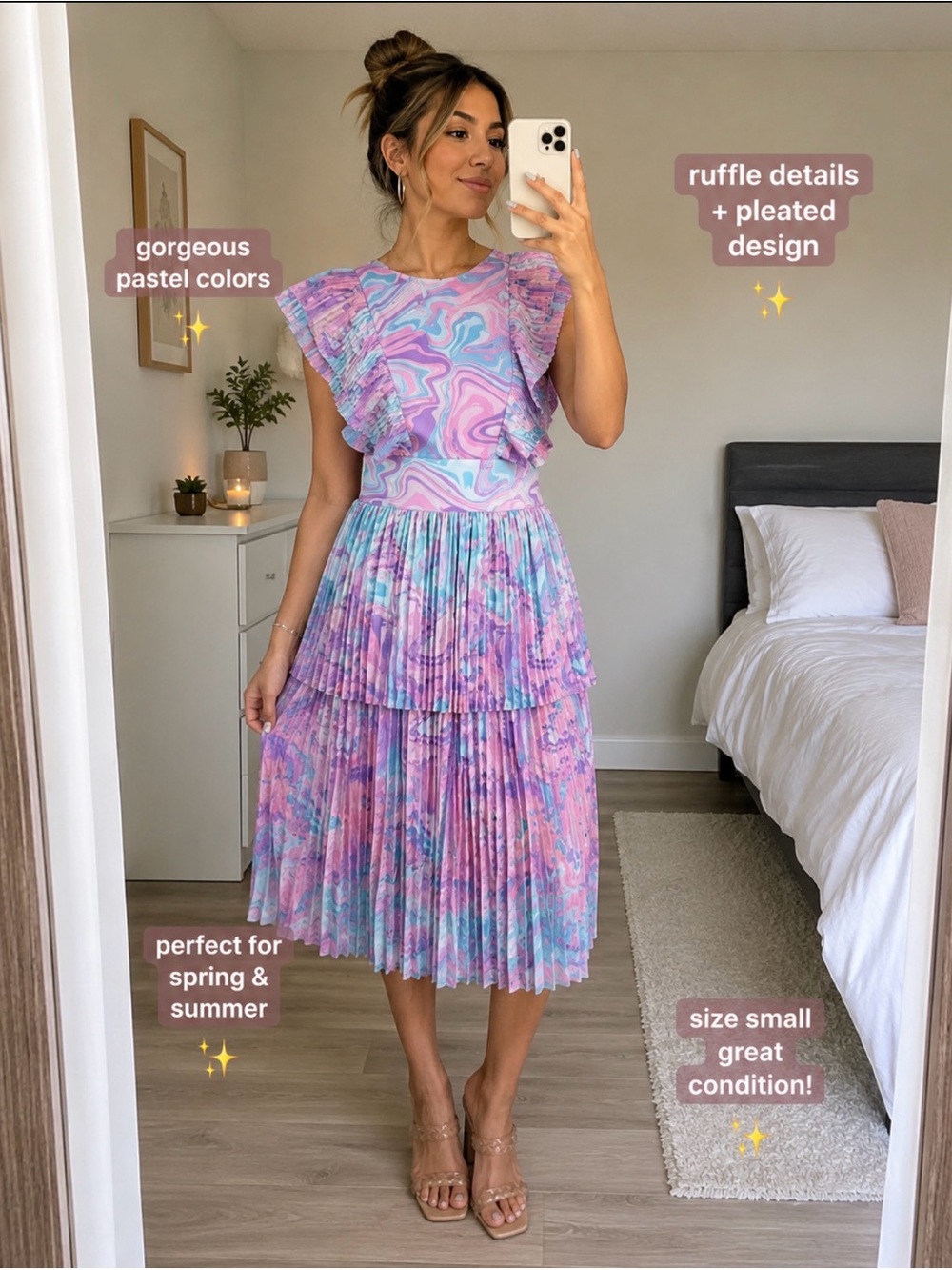 Emily McCarthy Chloe Marble Print Midi Dress XS Pink Blue Pleated Ruffle Preppy